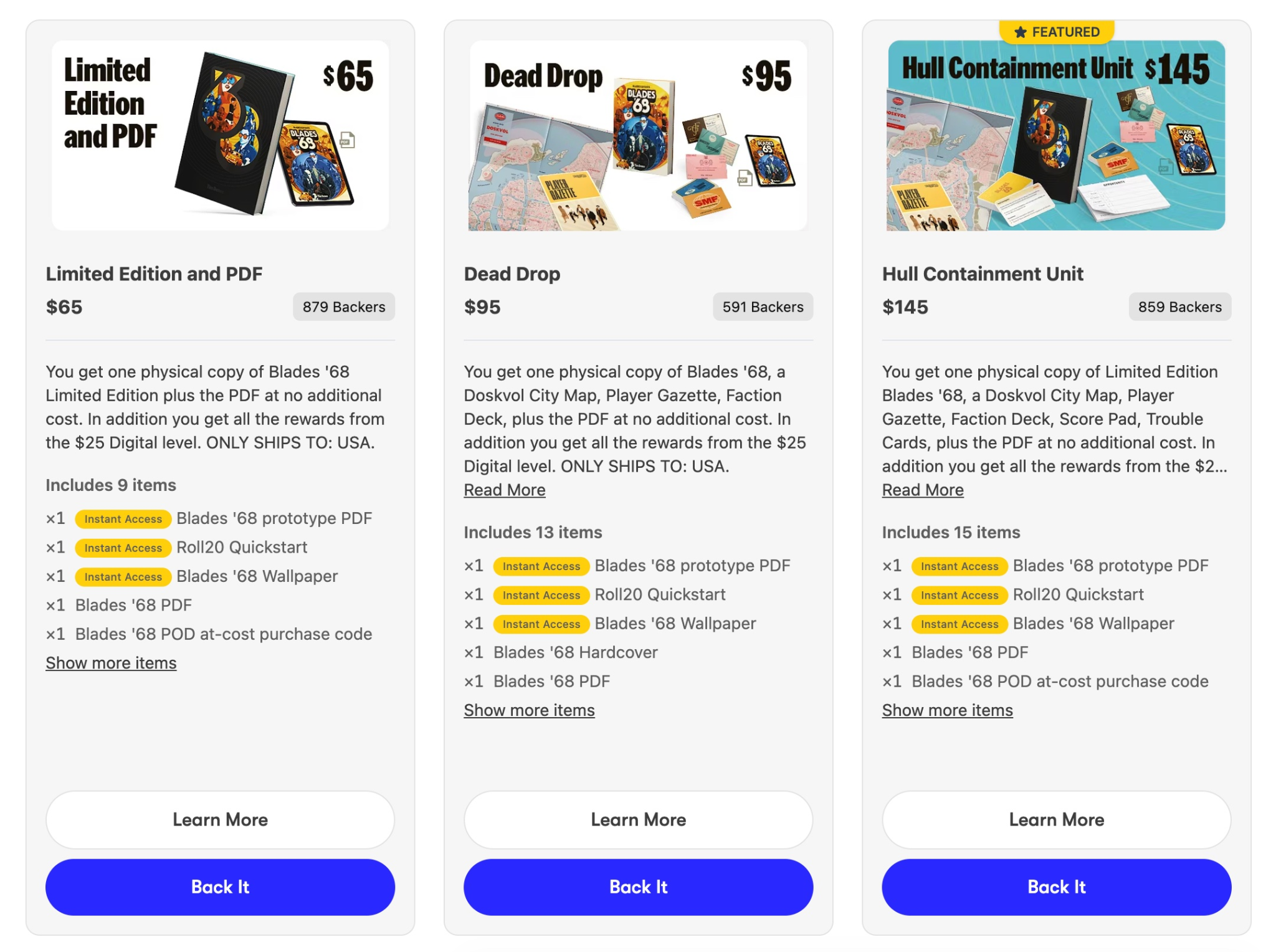 Screenshot from BackerKit campaign showing Instant Access Rewards as options of campaign reward tiers